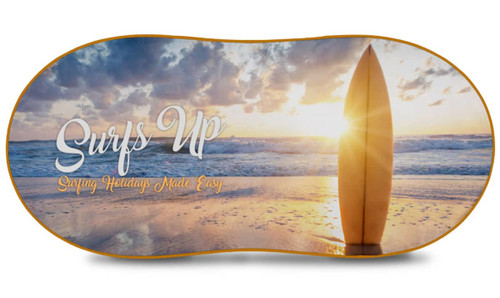 A full-colour sunshade featuring a surfboard on a beach at sunset with "Surfs Up" text and a logo. A full-colour sunshade featuring a surfboard on a beach at sunset with "Surfs Up" text and a logo.