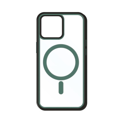 A green and clear MagSafe iPhone case featuring a circular design, with a black border. A green and clear MagSafe iPhone case featuring a circular design, with a black border.