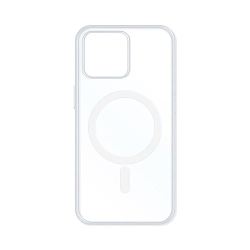 A transparent white MagSafe iPhone case featuring a circular magnetic area. The case has a minimalistic design. A transparent white MagSafe iPhone case featuring a circular magnetic area. The case has a minimalistic design.