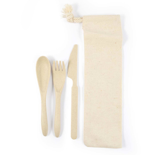 A cutlery set including a spoon, fork, and knife, packaged in a beige calico pouch. A cutlery set including a spoon, fork, and knife, packaged in a beige calico pouch.