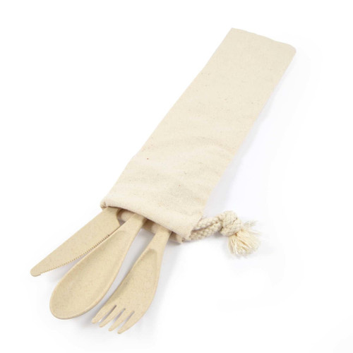 A cutlery set featuring a knife, fork, and spoon made from eco-friendly materials, stored in a natural calico pouch. A cutlery set featuring a knife, fork, and spoon made from eco-friendly materials, stored in a natural calico pouch.