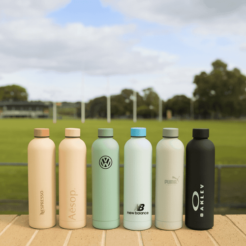 A drink bottle collection featuring various colours including beige, green, light blue, and black, with visible logos.