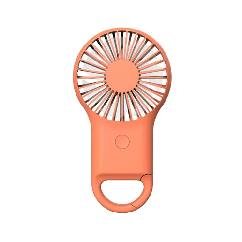 A coral mini fan with an LED light and a built-in carabiner. It features a circular grille design.