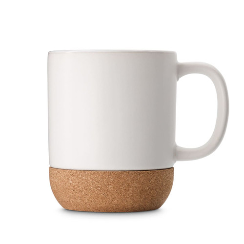 A coffee mug with a white ceramic body and a cork base, featuring a simple design and a handle. A coffee mug with a white ceramic body and a cork base, featuring a simple design and a handle.