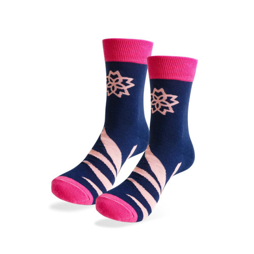 Crew custom pattern woven socks featuring a navy blue base, pink accents, and a floral design. Crew custom pattern woven socks featuring a navy blue base, pink accents, and a floral design.
