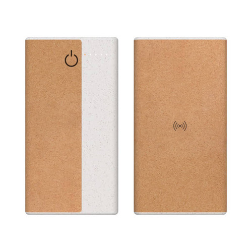 A wireless power bank featuring a white and cork design, measuring 10,000 mAh with a logo on the front. A wireless power bank featuring a white and cork design, measuring 10,000 mAh with a logo on the front.