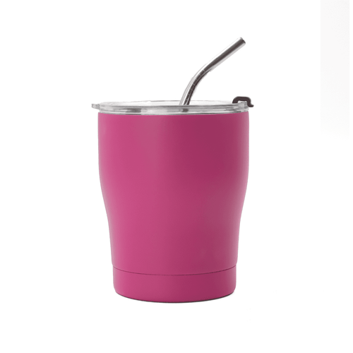 A drink bottle in vibrant pink with a metal straw and a clear lid. It has a logo on the side.