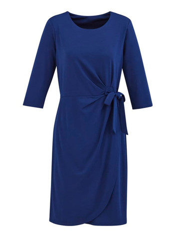 A navy blue dress with three-quarter sleeves and a tie detail at the waist, featuring a wrap design. A navy blue dress with three-quarter sleeves and a tie detail at the waist, featuring a wrap design.