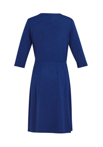 A navy blue women's dress with three-quarter sleeves and a flared silhouette, featuring a simple design. A navy blue women's dress with three-quarter sleeves and a flared silhouette, featuring a simple design.