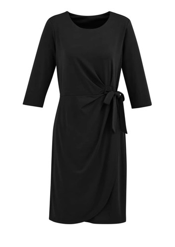 A black women's dress with a tie detail at the waist and three-quarter sleeves. It features a wrap style design. A black women's dress with a tie detail at the waist and three-quarter sleeves. It features a wrap style design.