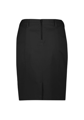 A black mid-waist stretch chino skirt with a back zipper and a tailored fit. It features a logo. A black mid-waist stretch chino skirt with a back zipper and a tailored fit. It features a logo.