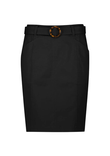 A black women's mid-waist stretch chino skirt featuring a belt with a circular buckle design. A black women's mid-waist stretch chino skirt featuring a belt with a circular buckle design.