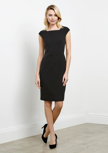 A fitted black dress with cap sleeves and a knee-length hem, displayed on a model against a plain background. A fitted black dress with cap sleeves and a knee-length hem, displayed on a model against a plain background.