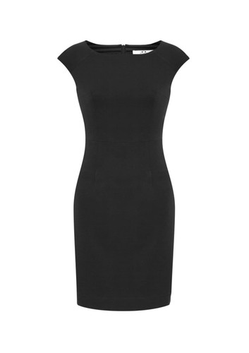 A fitted black dress with cap sleeves and a zip closure at the back, featuring a sleek silhouette. A fitted black dress with cap sleeves and a zip closure at the back, featuring a sleek silhouette.