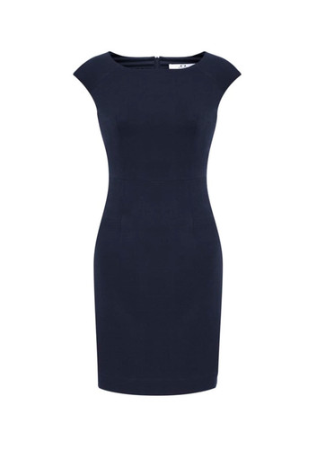 A fitted navy Audrey dress with cap sleeves and a back zip closure, featuring a sleek, streamlined silhouette. A fitted navy Audrey dress with cap sleeves and a back zip closure, featuring a sleek, streamlined silhouette.