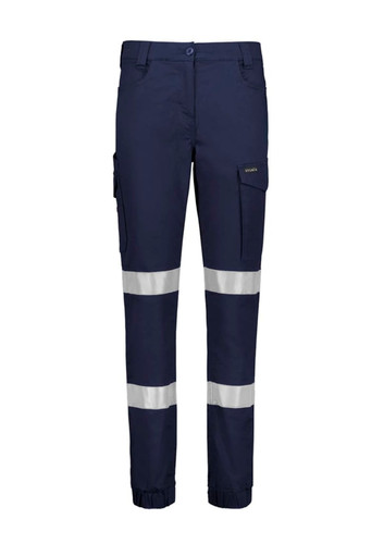 Navy cargo pants with cuffed hems and reflective stripes, featuring pockets and a logo. Navy cargo pants with cuffed hems and reflective stripes, featuring pockets and a logo.