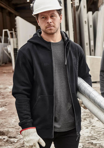 A black unisex zip front multi-pocket hoodie displayed on a person wearing gloves and a hard hat in a work environment. A black unisex zip front multi-pocket hoodie displayed on a person wearing gloves and a hard hat in a work environment.