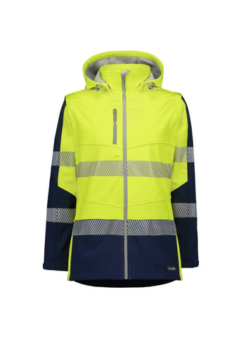 A high visibility women's softshell jacket in bright yellow and navy, featuring reflective stripes and a hood. A high visibility women's softshell jacket in bright yellow and navy, featuring reflective stripes and a hood.