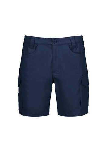 Men's essential stretch cargo shorts in navy blue, featuring side pockets and a logo. Men's essential stretch cargo shorts in navy blue, featuring side pockets and a logo.