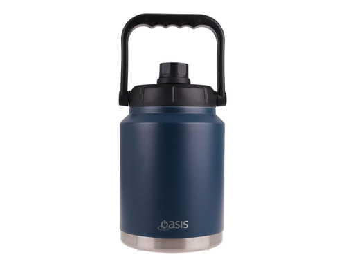 A drink bottle with a dark blue body and a black lid features a sturdy carry handle and branding. A drink bottle with a dark blue body and a black lid features a sturdy carry handle and branding.