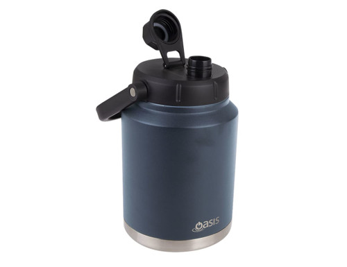 A drink bottle with a dark blue body and stainless steel base, featuring a black carry handle and lid. A drink bottle with a dark blue body and stainless steel base, featuring a black carry handle and lid.