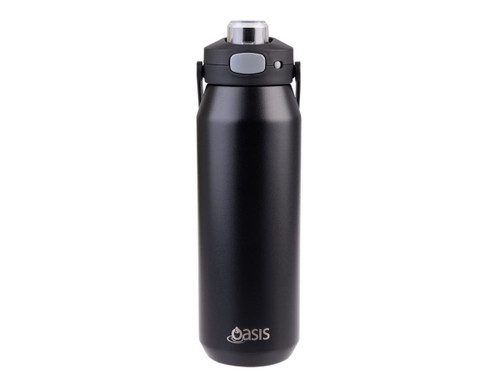 A drink bottle with a black matte finish, featuring a vacuum quick release lid and a handle, with a logo.