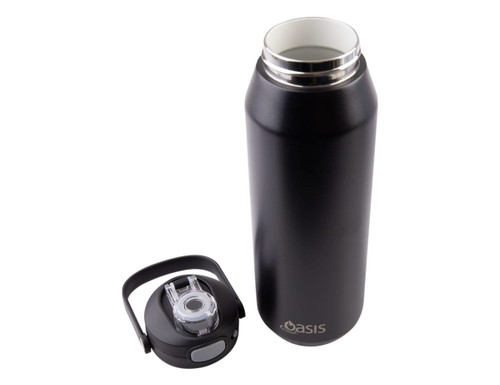 A drink bottle with a sleek black exterior and a quick release lid, featuring a separate lid component.
