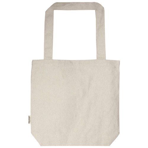 A natural beige tote bag with two sturdy handles and a plain design. It features a small branding label.