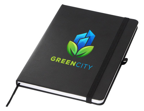 A black A5 notebook with a logo on the cover and an elastic band closure. A black A5 notebook with a logo on the cover and an elastic band closure.