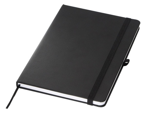 A black A5 notebook with a textured cover, elastic closure, and a bookmark ribbon, featuring a logo. A black A5 notebook with a textured cover, elastic closure, and a bookmark ribbon, featuring a logo.