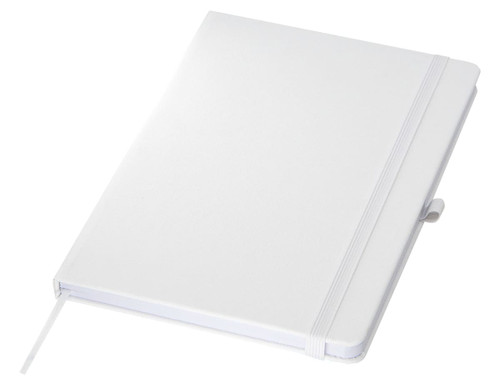 A white A5 notebook with a textured cover, an elastic band, and a ribbon marker, featuring a logo. A white A5 notebook with a textured cover, an elastic band, and a ribbon marker, featuring a logo.