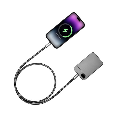 A fast charge cable in black with a textured finish, connected to a smartphone displaying a charging icon. A fast charge cable in black with a textured finish, connected to a smartphone displaying a charging icon.