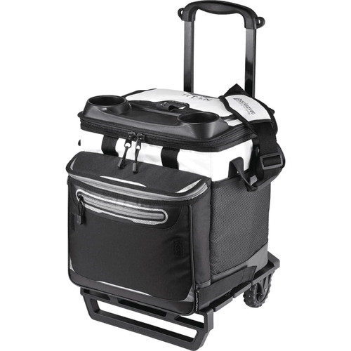A black and white rolling cooler with a retractable handle, wheels, and cup holders on top. It features a front pocket.