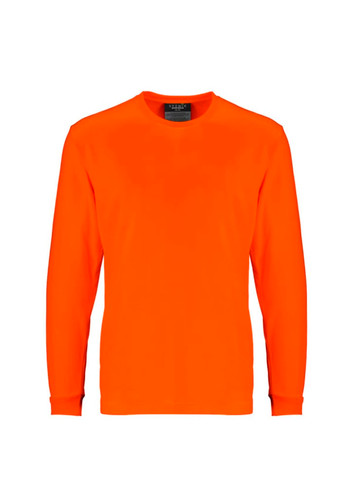 An orange long sleeve tee with a round neck, featuring a logo on the label. Ideal for safety wear.