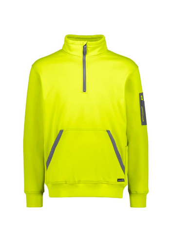 A bright yellow unisex pullover featuring a 1/4 zip and front pockets, with a small logo on the sleeve. A bright yellow unisex pullover featuring a 1/4 zip and front pockets, with a small logo on the sleeve.
