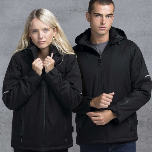 A black soft shell jacket worn by a man and a woman, featuring a hood and zippers. The jacket has a logo. A black soft shell jacket worn by a man and a woman, featuring a hood and zippers. The jacket has a logo.