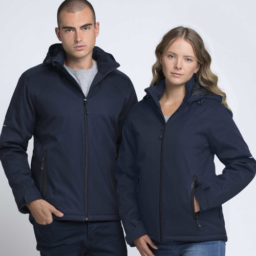 A man and woman wear navy soft shell jackets with hoods, each featuring zippers and pockets. The jackets have branding. A man and woman wear navy soft shell jackets with hoods, each featuring zippers and pockets. The jackets have branding.
