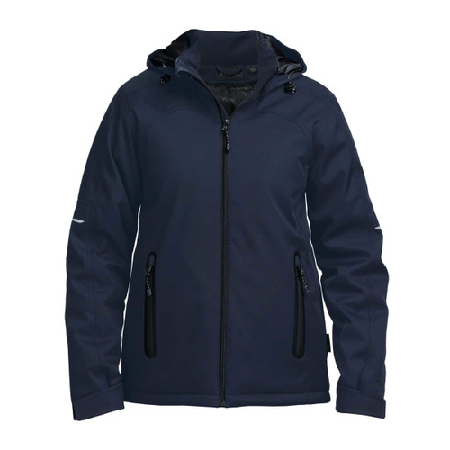 A navy soft shell jacket with a hood, featuring zipped pockets and a logo on the side. A navy soft shell jacket with a hood, featuring zipped pockets and a logo on the side.