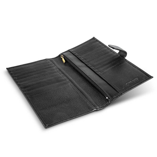 A black leather passport wallet with multiple card slots and a zippered pocket, featuring a branding logo. A black leather passport wallet with multiple card slots and a zippered pocket, featuring a branding logo.