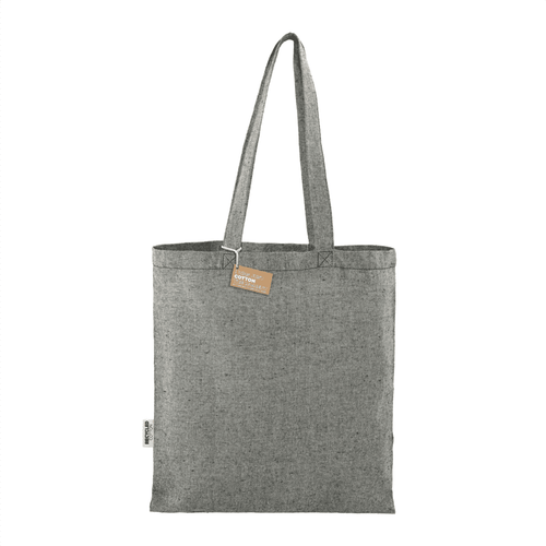 A grey recycled cotton twill tote bag with two straps and a tag, featuring a simple design and logo. A grey recycled cotton twill tote bag with two straps and a tag, featuring a simple design and logo.