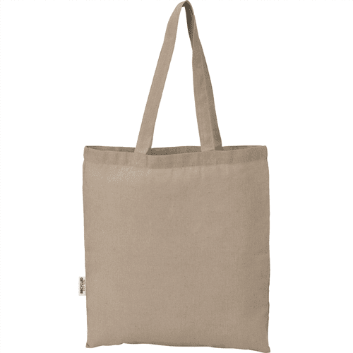 A beige recycled cotton twill tote bag with two handles and a simple design. It features a branding label. A beige recycled cotton twill tote bag with two handles and a simple design. It features a branding label.
