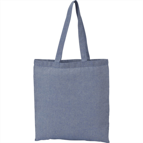 A blue recycled cotton twill tote bag with two shoulder straps and a simple design. Features a logo. A blue recycled cotton twill tote bag with two shoulder straps and a simple design. Features a logo.
