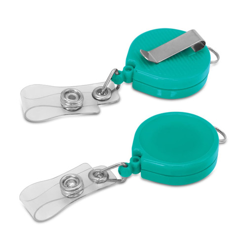 A teal retractable ID holder with a clip and clear attachment. The design features a smooth, round shape. A teal retractable ID holder with a clip and clear attachment. The design features a smooth, round shape.