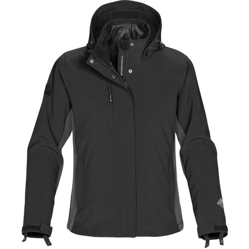 A black women's jacket with a hood, featuring a zippered pocket and adjustable cuffs. It has a logo on the sleeve. A black women's jacket with a hood, featuring a zippered pocket and adjustable cuffs. It has a logo on the sleeve.