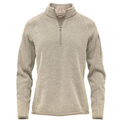 A light beige women's 1/4 zip pullover jumper with a zippered collar and a sleeve pocket. Features a branding logo. A light beige women's 1/4 zip pullover jumper with a zippered collar and a sleeve pocket. Features a branding logo.