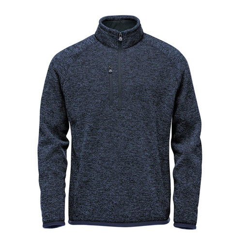 A navy blue pullover jumper with a quarter zip, featuring a chest pocket and textured fabric. A navy blue pullover jumper with a quarter zip, featuring a chest pocket and textured fabric.