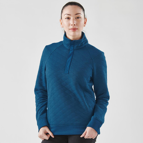A teal women's thermal pullover with a 1/4 zip and a quilted pattern, featuring a logo on the front.