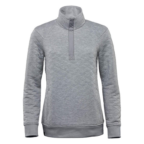 A grey women's thermal 1/4 zip pullover with a collar and ribbed hem, featuring a logo. A grey women's thermal 1/4 zip pullover with a collar and ribbed hem, featuring a logo.