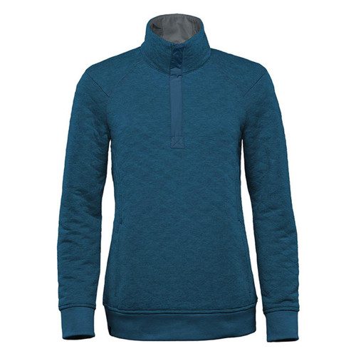 A teal women's thermal 1/4 zip pullover featuring a high collar and long sleeves. Includes a logo. A teal women's thermal 1/4 zip pullover featuring a high collar and long sleeves. Includes a logo.