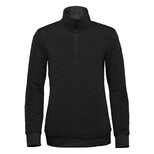 A black women's pullover featuring a 1/4 zip and a high collar. It has a textured fabric and a brand logo. A black women's pullover featuring a 1/4 zip and a high collar. It has a textured fabric and a brand logo.